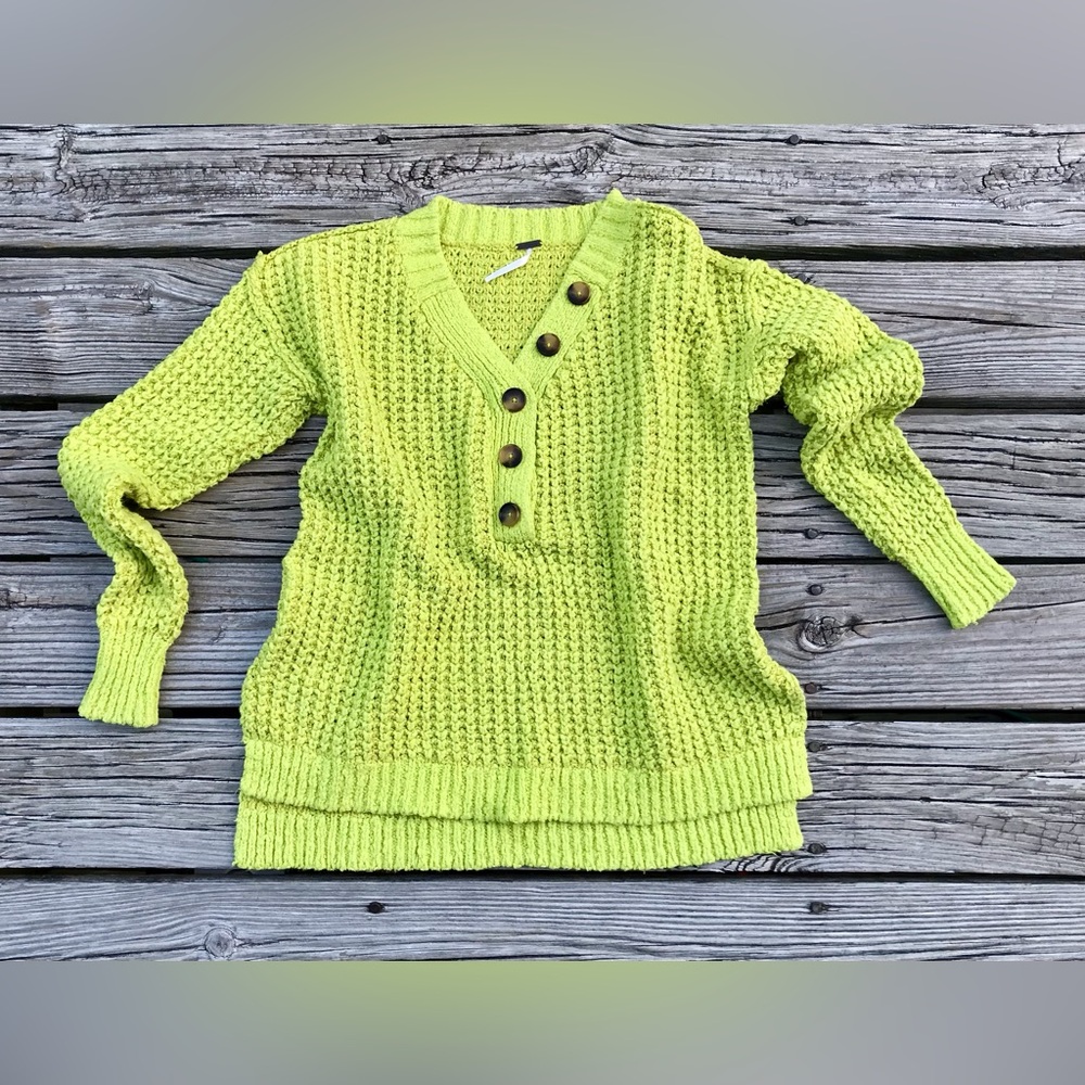 FREE PEOPLE Lime Green Whistle Thermal Henley Button Sweater Top Pullover V Neck - Picture 2 of 13